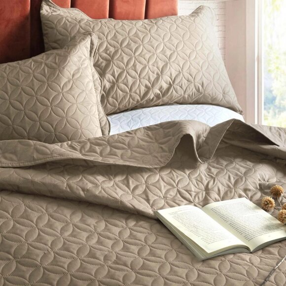 Elegant Taupe Quilted Lightweight Bedspread 3pc Set King - Picture 1 of 10